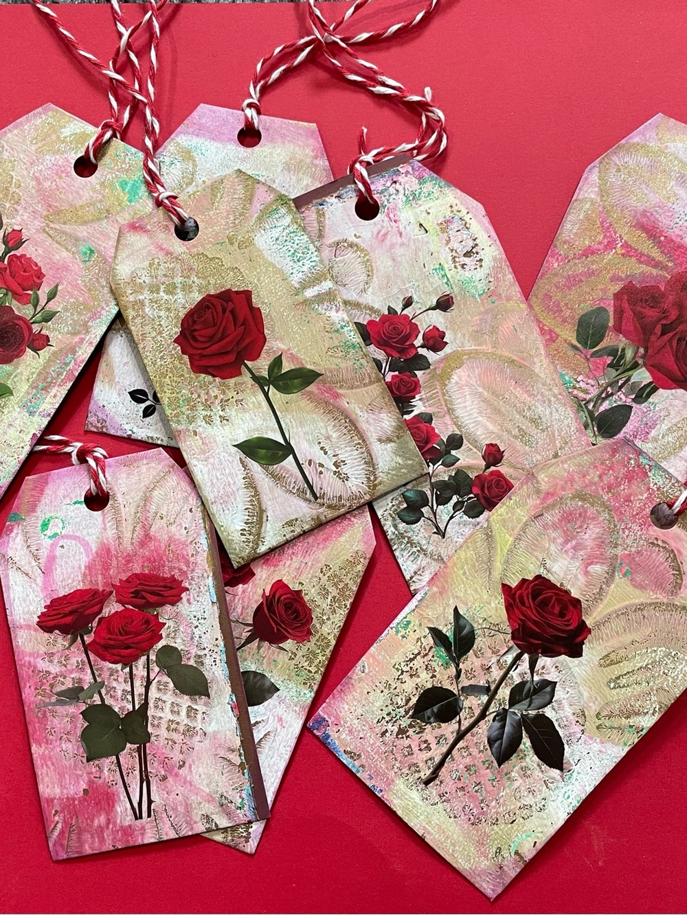 8 gold & pinks rustic rose tags
